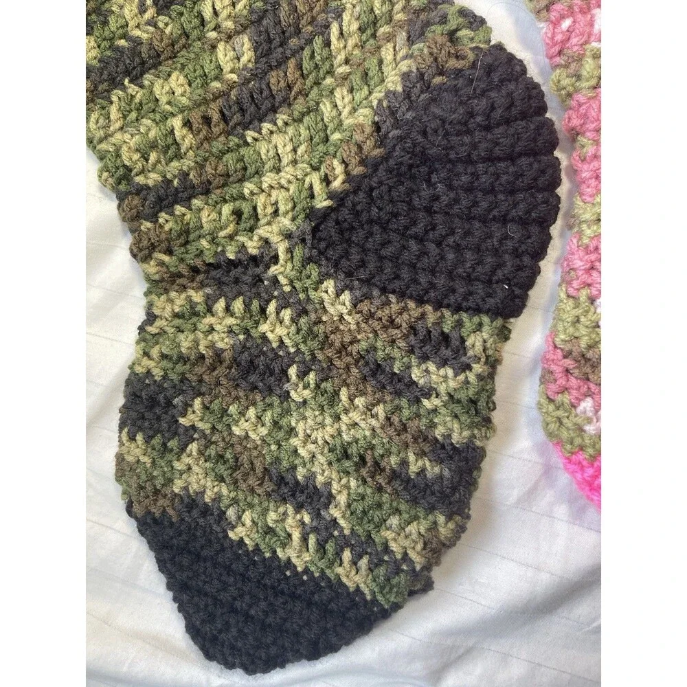 2 Crocheted Christmas Stockings Set Striped Multicolor Hanging Loop 15 in